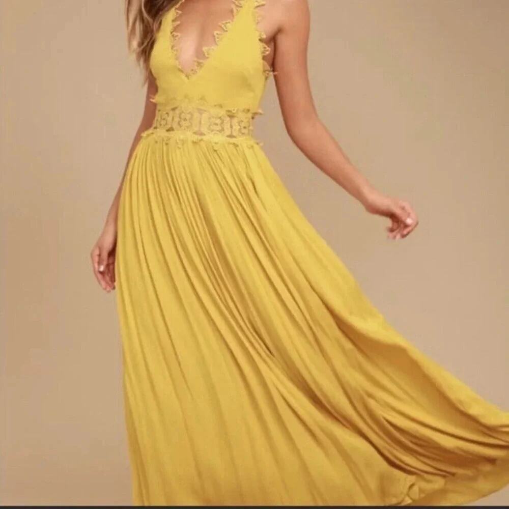 Lulu's Small This Love Mustard Yellow Lace Maxi Dress Size S